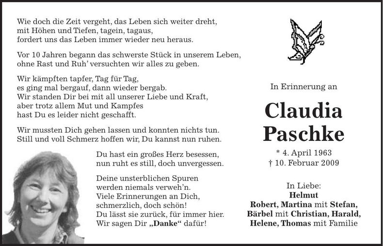 Traueranzeige Claudia Paschke