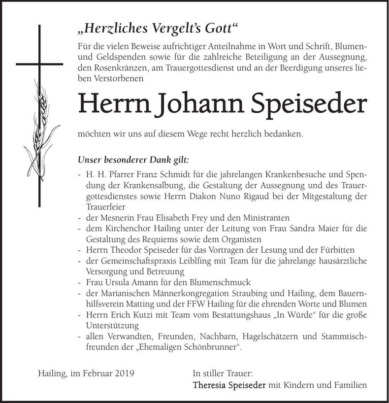 Traueranzeige Johann Speiseder