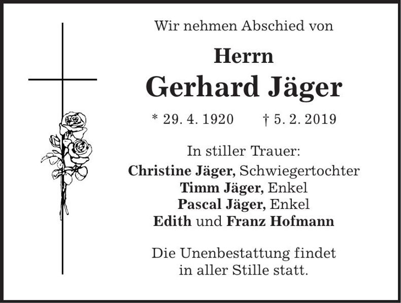 Traueranzeige Gerhard Jäger