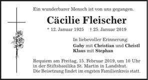 Traueranzeige Cäcilie Fleischer