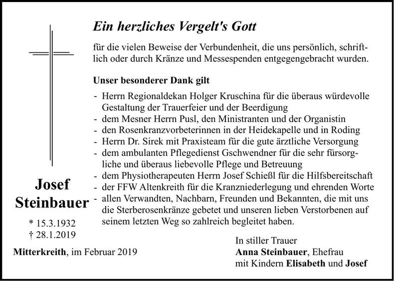 Traueranzeige Josef Steinbauer