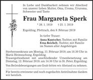 Traueranzeige Margareta Sperk