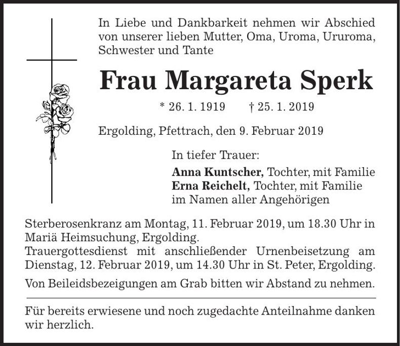 Traueranzeige Margareta Sperk