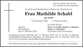 Traueranzeige Mathilde Schabl