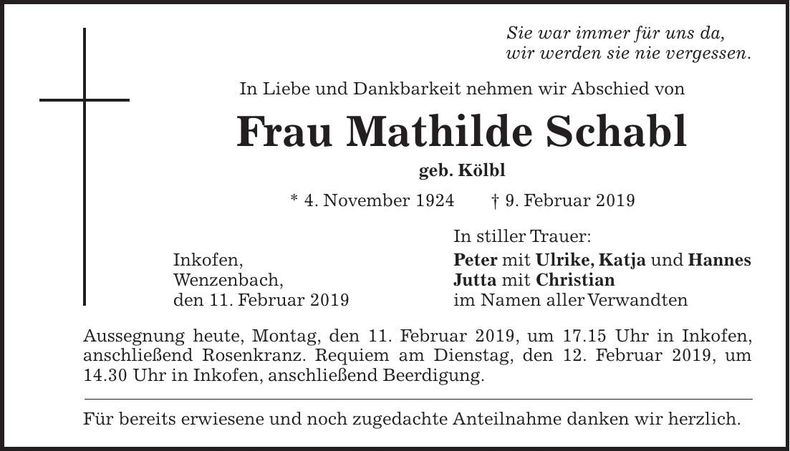 Traueranzeige Mathilde Schabl