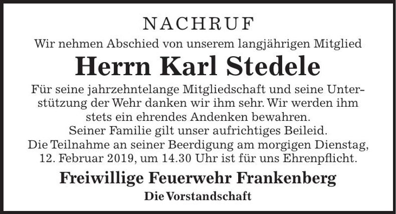 Traueranzeige Karl Stedele