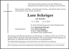 Traueranzeige Lore Schröger