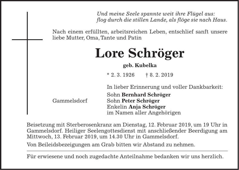 Traueranzeige Lore Schröger