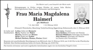 Traueranzeige Maria Magdalena Haimerl