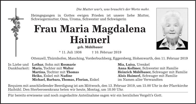 Traueranzeige Maria Magdalena Haimerl