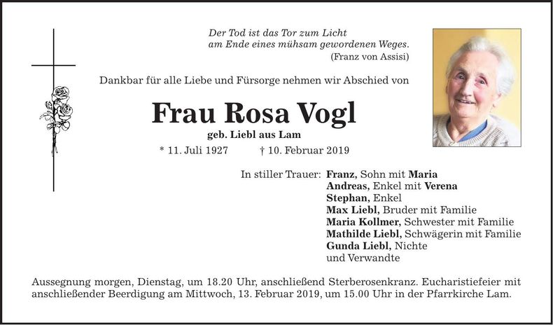 Traueranzeige Rosa Vogl