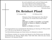 Traueranzeige Reinhart Dr. Pfaud