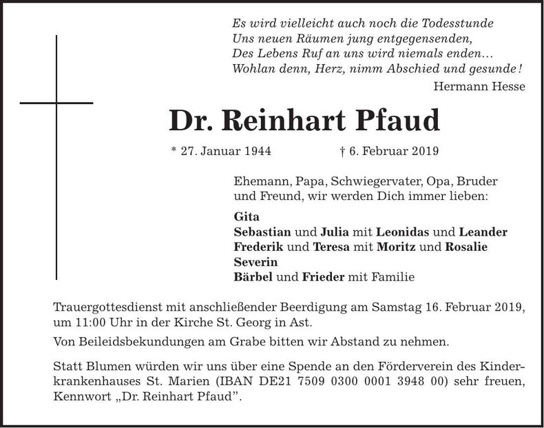 Traueranzeige Reinhart Dr. Pfaud