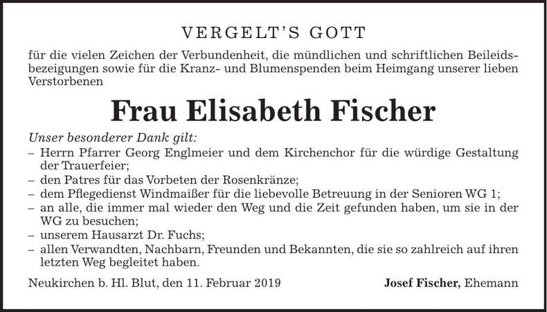 Traueranzeige Elisabeht Fischer