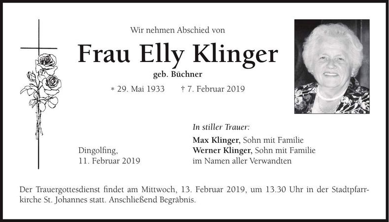 Traueranzeige Elly Klinger
