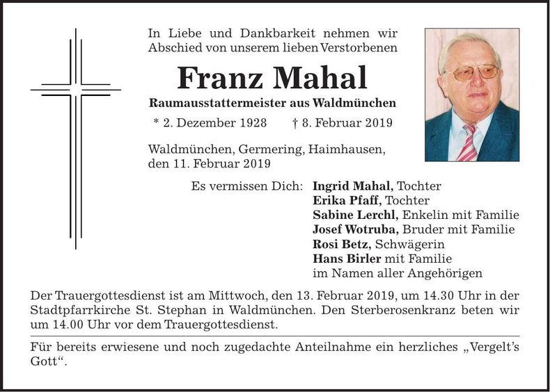 Traueranzeige Franz Mahal