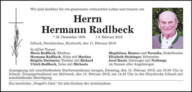Traueranzeige Radlbeck Hermann