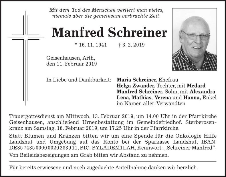 Traueranzeige Manfred Schreiner