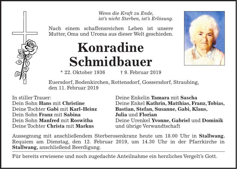 Traueranzeige Konradine Schmidbauer