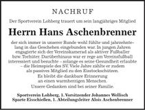 Traueranzeige Hans Aschenbrenner