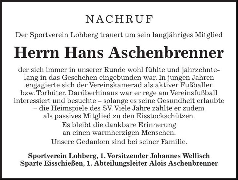 Traueranzeige Hans Aschenbrenner