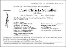 Traueranzeige Christa Schuller