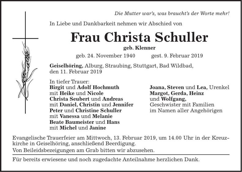 Traueranzeige Christa Schuller