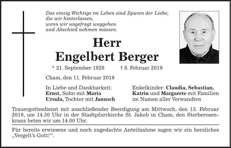 Traueranzeige Engelbert Berger