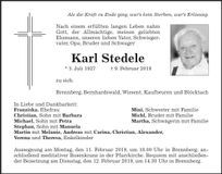Traueranzeige Karl Stedele