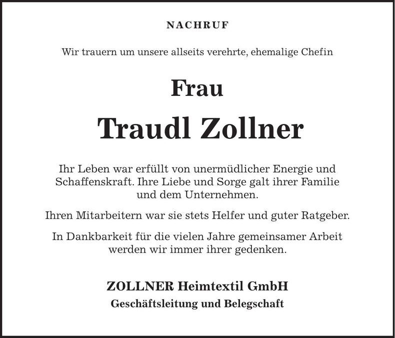 Traueranzeige Traudl Zollner