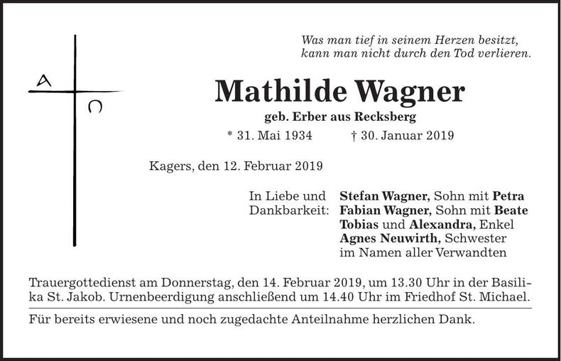 Traueranzeige Mathilde Wagner
