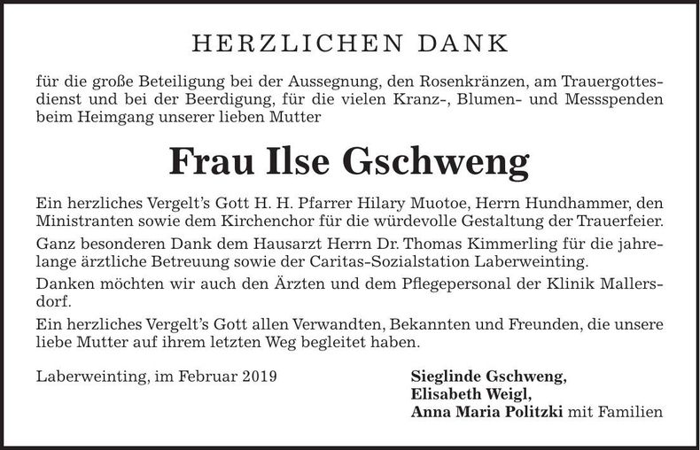 Traueranzeige Ilse Gschweng