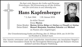 Traueranzeige Hans Kapfenberger