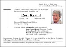 Traueranzeige Resi Kraml