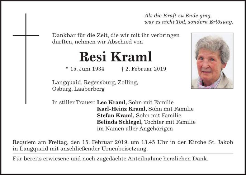 Traueranzeige Resi Kraml