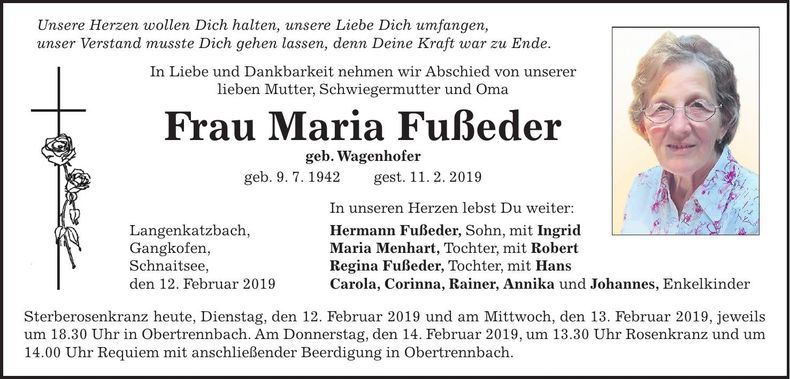 Traueranzeige Maria Fußeder