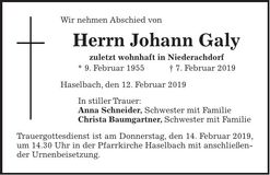 Traueranzeige Johann Galy