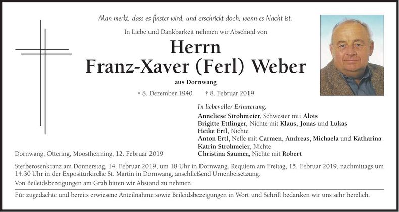 Traueranzeige Franz-Xaver Weber