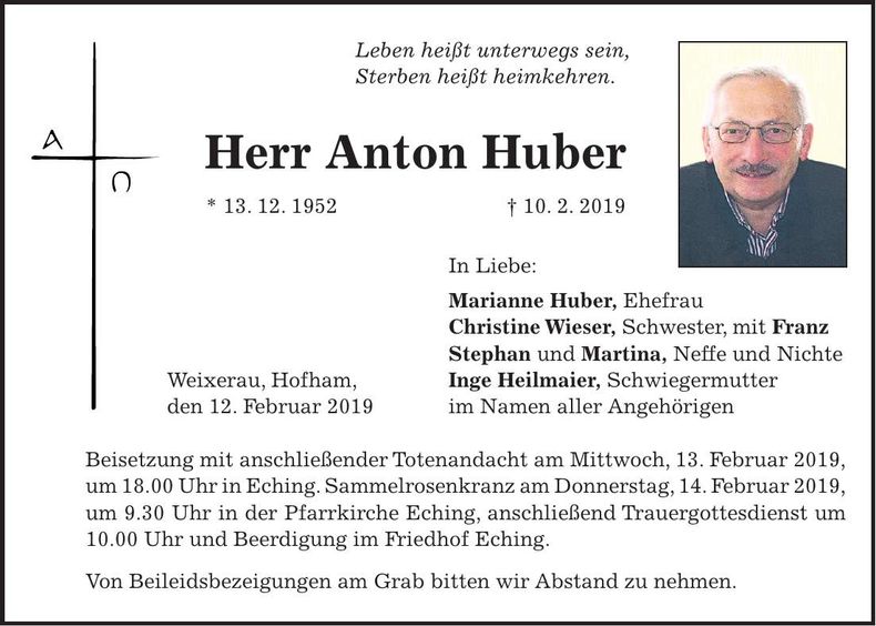Traueranzeige Anton Huber