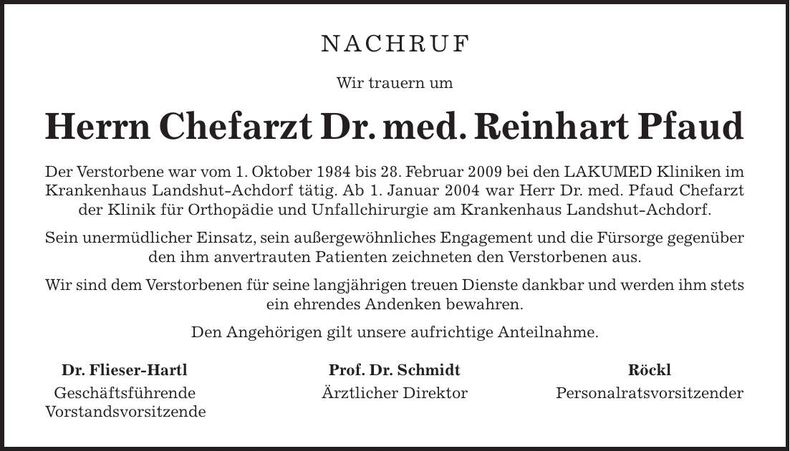 Traueranzeige Reinhart Dr. med. Pfaud