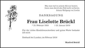 Traueranzeige Liselotte Brückl