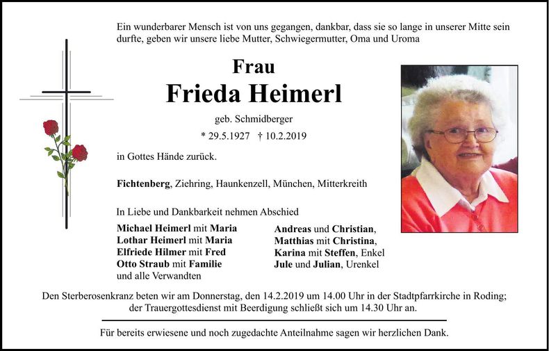 Traueranzeige Frieda Heimerl