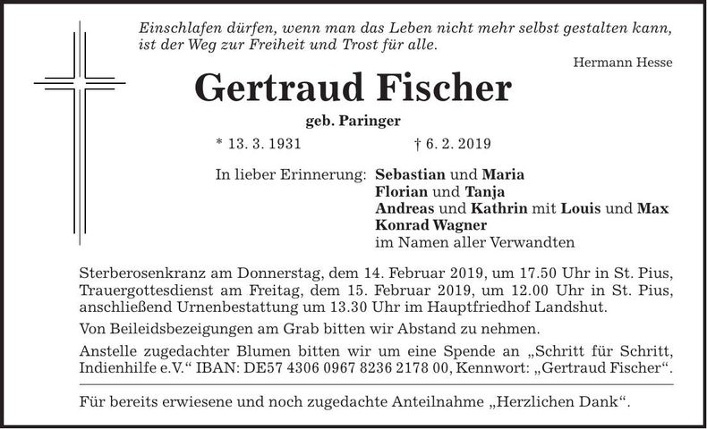 Traueranzeige Gertraud Fischer