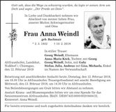 Traueranzeige Anna Weindl