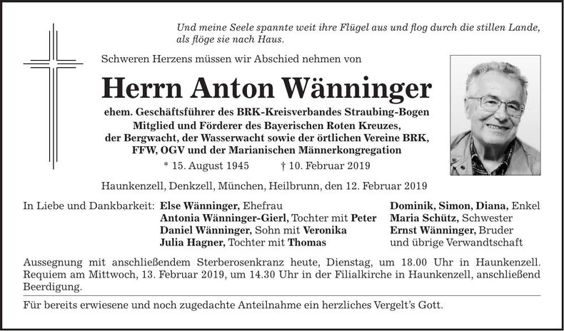 Traueranzeige Anton Wänninger