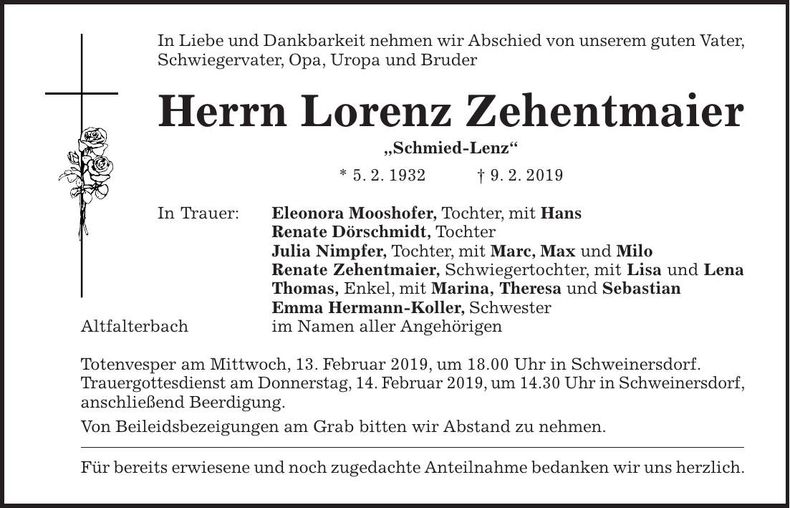 Traueranzeige Lorenz Zehentmaier