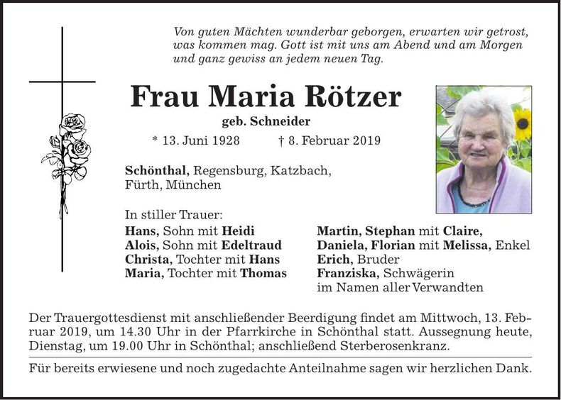 Traueranzeige Maria Rötzer