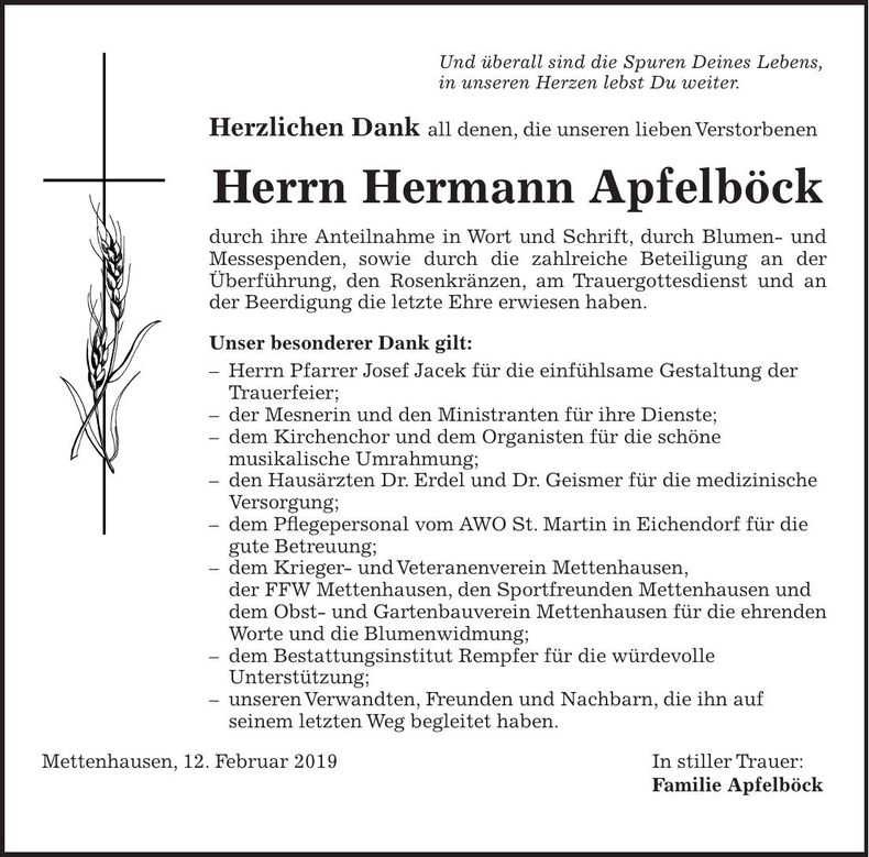 Traueranzeige Hermann Apfelböck