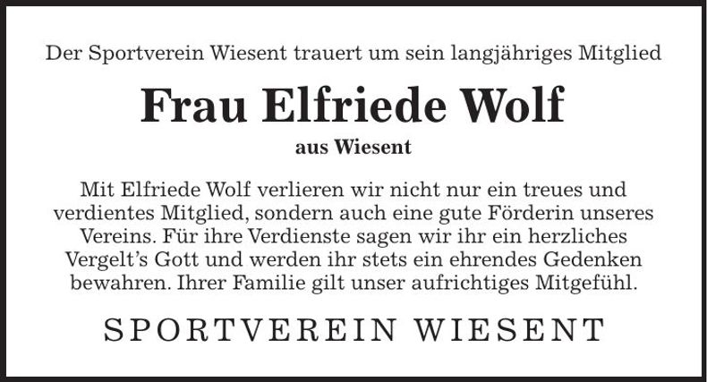 Traueranzeige Elfriede Wolf