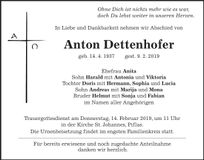 Traueranzeige Anton Dettenhofer